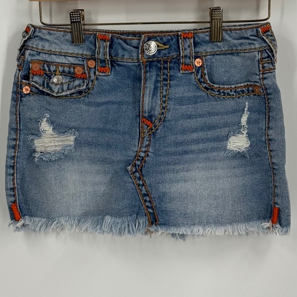 True Religion Dresses & Skirts - True Religion Sadie Mini Skirt Distressed Frayed Denim Medium Wash Size 25